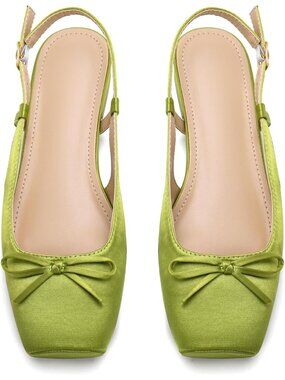 Women's Grass Green Slingback Square Toe Bow Knit Ankle Buckle Satin Ballet Flat